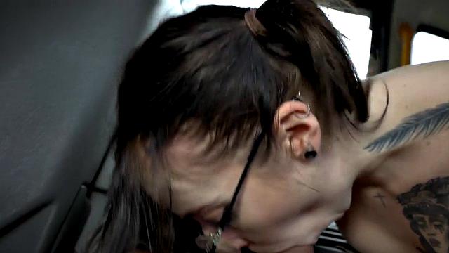 Tattooed and pierced taxi whore POV drilled outdoor