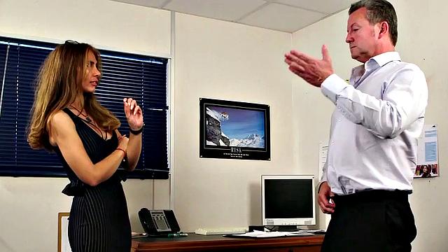 Naughty secretary seduces boss in meeting room & fishnets on his glasses