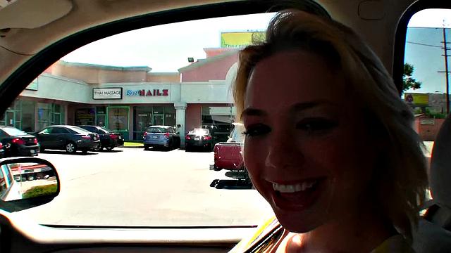 Blonde bombshell Rush gets her big tits jizzed on in car POV
