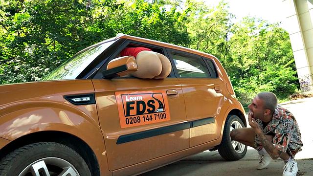 Bigtitted driving babes 3way by instructor outdoor