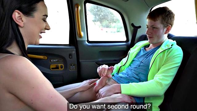 Curvy taxi driver rides in reverse way before doggy sex