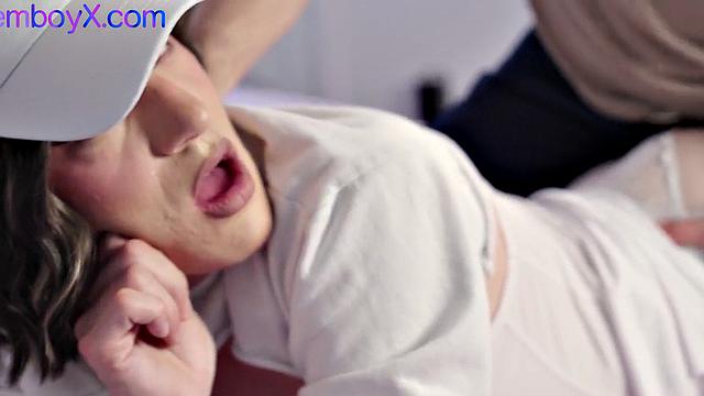 Lingerie femboy gets fucked bareback in asshole by top stud