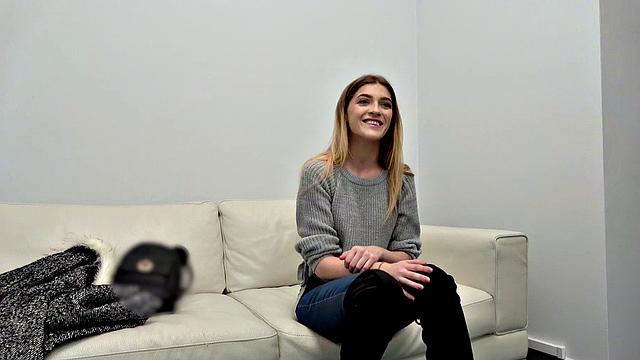 Petite model in lingerie gets off on deepthroating a big cock on the sofa