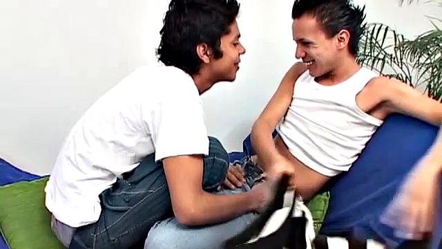 We look in on Samir as he teaches Roger the art of sucking. He goes down on the boy, and then strips off his pants, so Roger can practice on his big uncut cock.