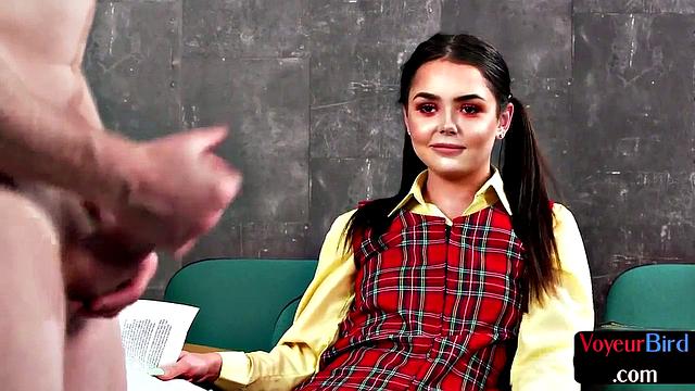 Voyeur CFNM college uniform GF teases professor