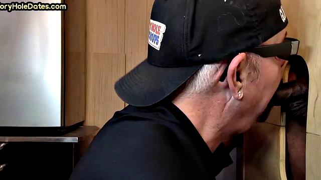 Gloryhole BJ DILF eats black cock for cum in mouth taste