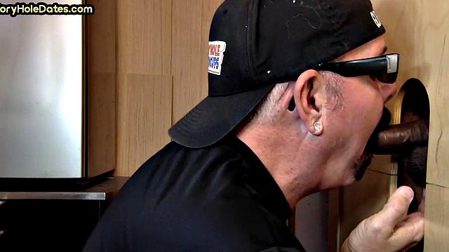 Gloryhole BJ DILF eats black cock for cum in mouth taste