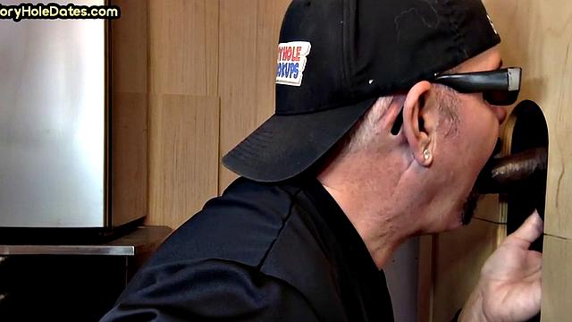 Gloryhole BJ DILF eats black cock for cum in mouth taste