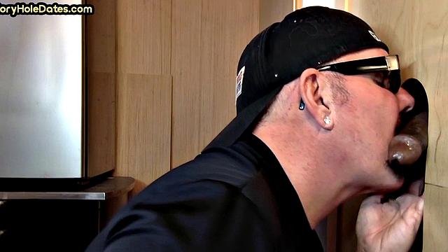 Gloryhole BJ DILF eats black cock for cum in mouth taste