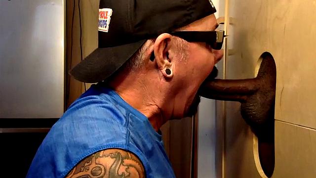 Gloryhole gaydaddy sucks black penis till cum in mouth