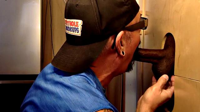 Gloryhole gaydaddy sucks black penis till cum in mouth