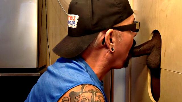 Gloryhole gaydaddy sucks black penis till cum in mouth