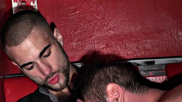 Jockstrap stud assfucked in club by tattooed top