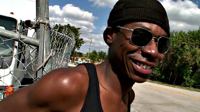 Amateur pornstar deepthroats white dude's cock for cash in the great outdoors