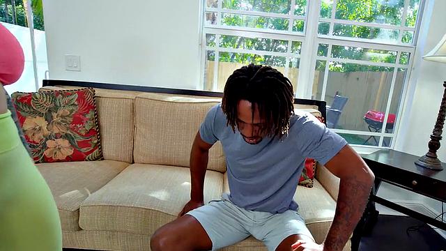 Hot MILF gets her pussy drilled by a big chocolate rod in the kitchen