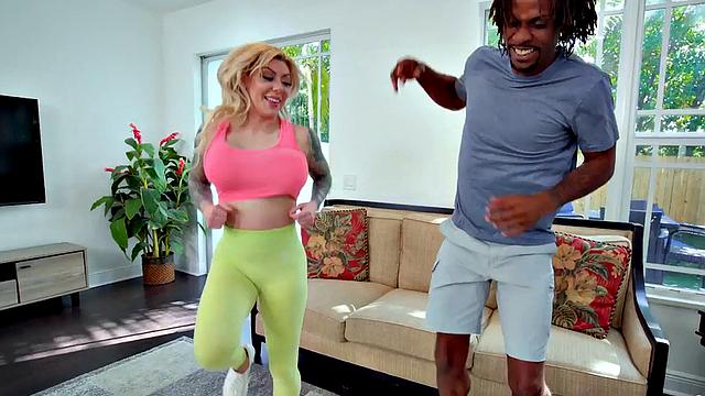 Hot MILF gets her pussy drilled by a big chocolate rod in the kitchen