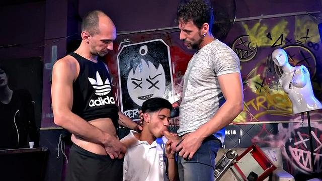 Daddies Joris and Mater have young Ringo to play with and it isn't long before the young Latino is sucking on their cocks.