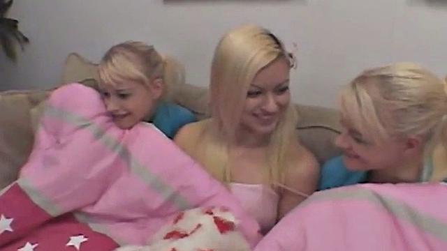 Three blonde teen lesbians fingering each others in bed