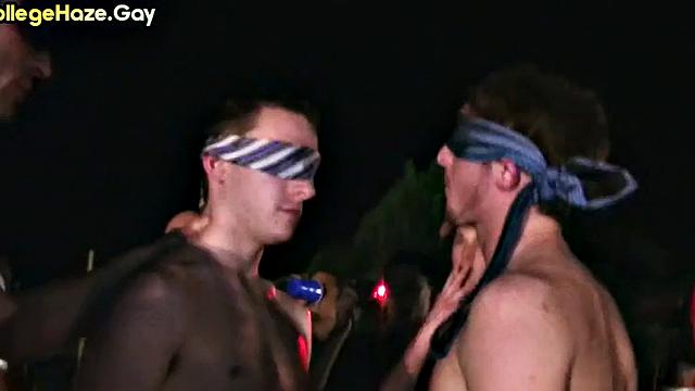 Blindfolded straight studs doing 3some outdoor for fraternity
