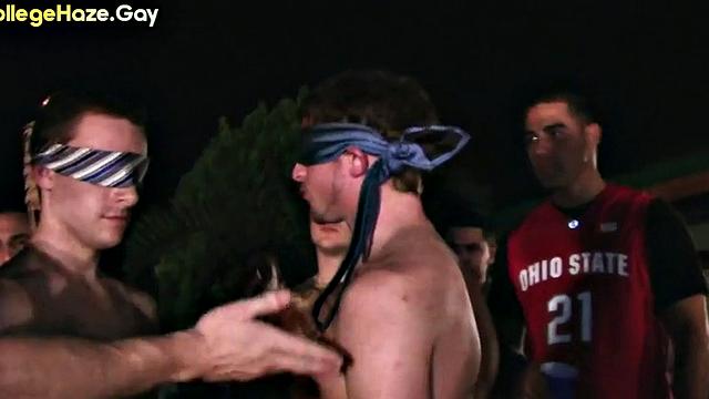 Blindfolded straight studs doing 3some outdoor for fraternity