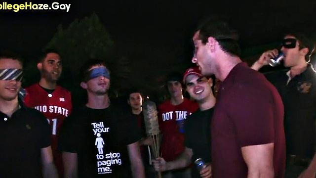 Blindfolded straight studs doing 3some outdoor for fraternity