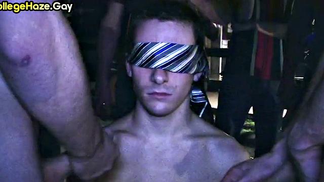 Blindfolded straight studs doing 3some outdoor for fraternity