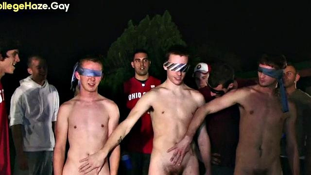 Blindfolded straight studs doing 3some outdoor for fraternity