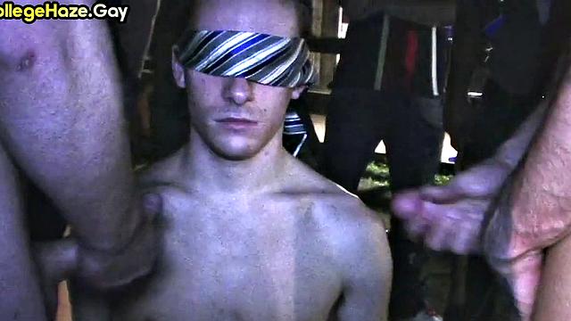 Blindfolded straight studs doing 3some outdoor for fraternity