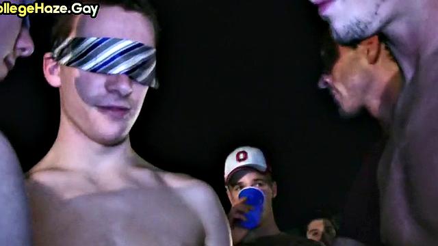 Blindfolded straight studs doing 3some outdoor for fraternity