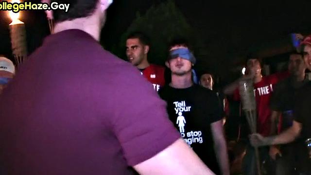 Blindfolded straight studs doing 3some outdoor for fraternity