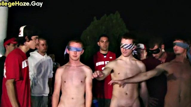 Blindfolded straight studs doing 3some outdoor for fraternity