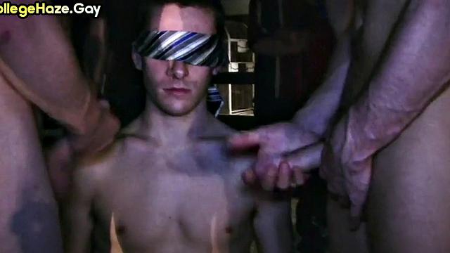 Blindfolded straight studs doing 3some outdoor for fraternity