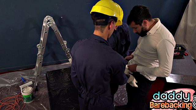 3some Latin workers in gloves barebacked by boss