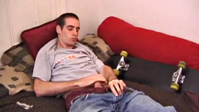 There's some good porn playing on the TV, so James Shafer decides to jack off. He pulls out his pierced dick and strokes it with determination, until he blows his warm cum load.