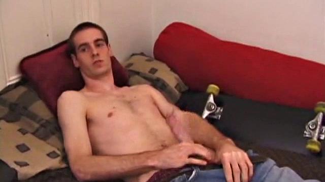 There's some good porn playing on the TV, so James Shafer decides to jack off. He pulls out his pierced dick and strokes it with determination, until he blows his warm cum load.