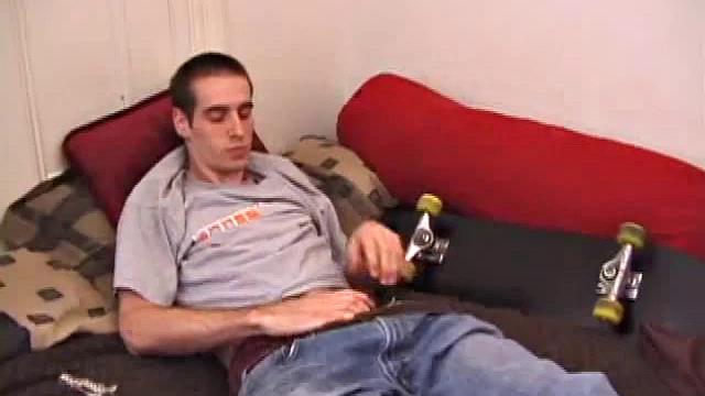 There's some good porn playing on the TV, so James Shafer decides to jack off. He pulls out his pierced dick and strokes it with determination, until he blows his warm cum load.
