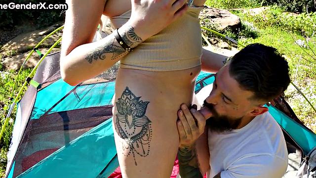 Blonde Tgirl gets analbanged outdoors