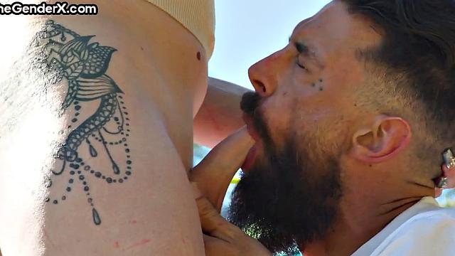 Blonde Tgirl gets analbanged outdoors