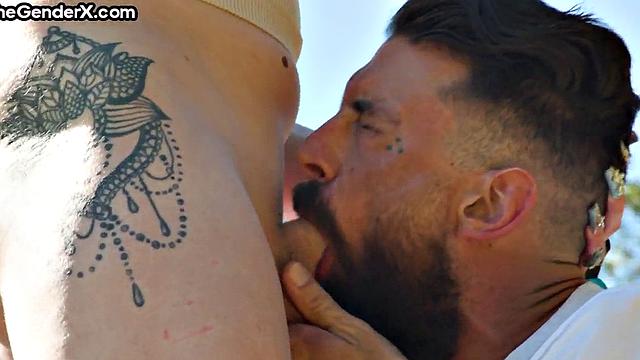 Blonde Tgirl gets analbanged outdoors