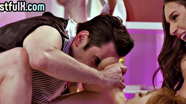 Big-titted hairy MILF gets pussypounded while her BFF watches