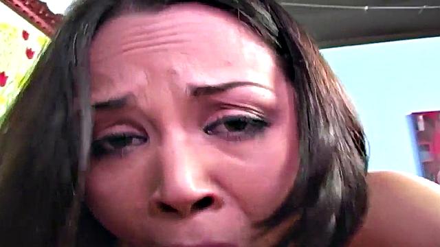 Deepthroating Latina babe in heels closeup sucks POV cock