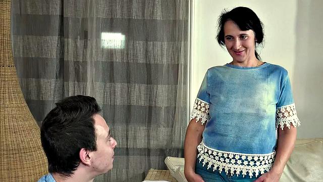 Hairypussy stockings cougar fucked by stud before final blowjob