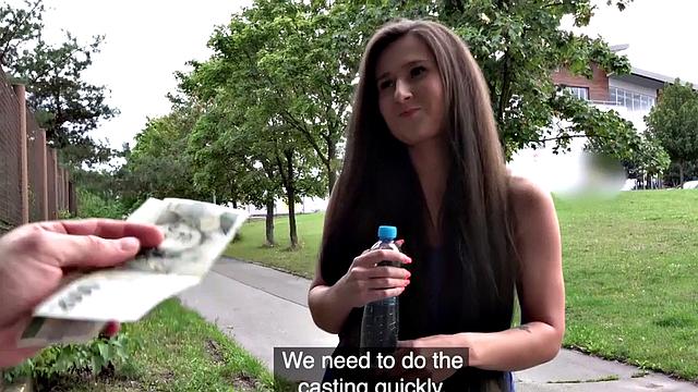 Czech BJ babe POV fucked outdoor for money after casting