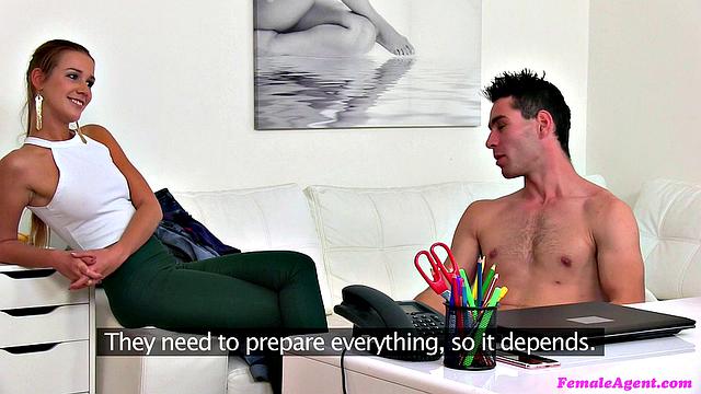 Agent gets her tight pussy pounded by her stud while he fingers her bald pussy