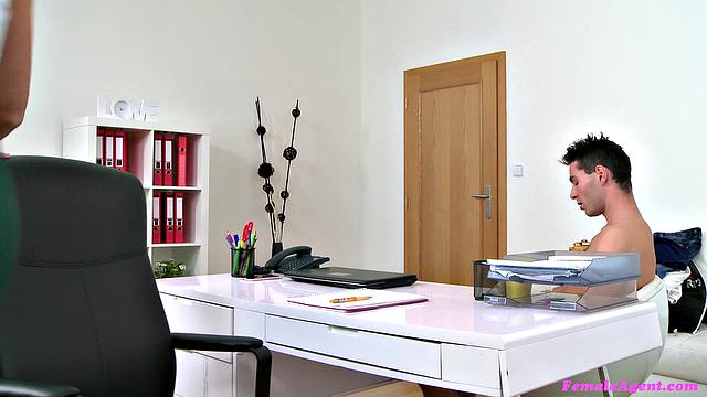 Agent gets her tight pussy pounded by her stud while he fingers her bald pussy