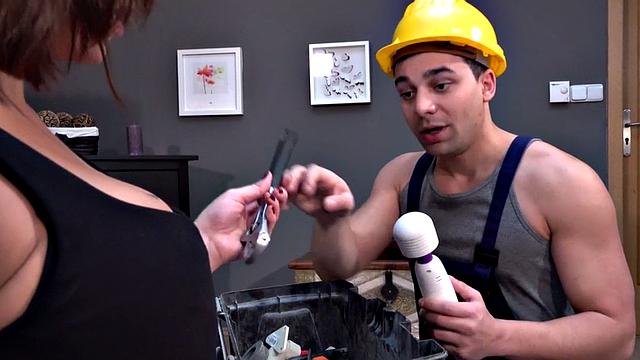 Naughty milf with big tits gets drilled hard by handyman before titfucking in bedroom duo