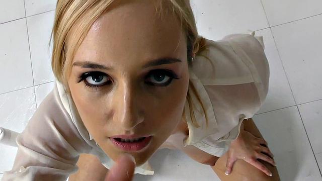 HJ POV office babe jerks colleague's cock after footjob