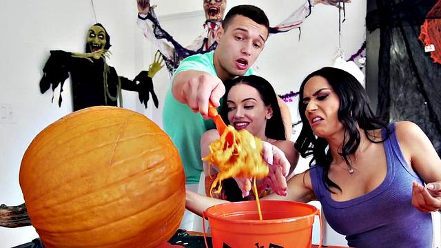 A busty teen get pounded hard after pumpkins and tattoos on her body!