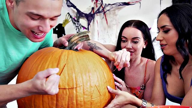 A busty teen get pounded hard after pumpkins and tattoos on her body!