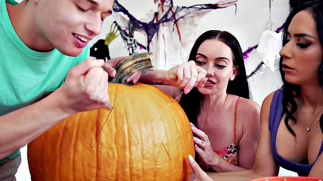 A busty teen get pounded hard after pumpkins and tattoos on her body!